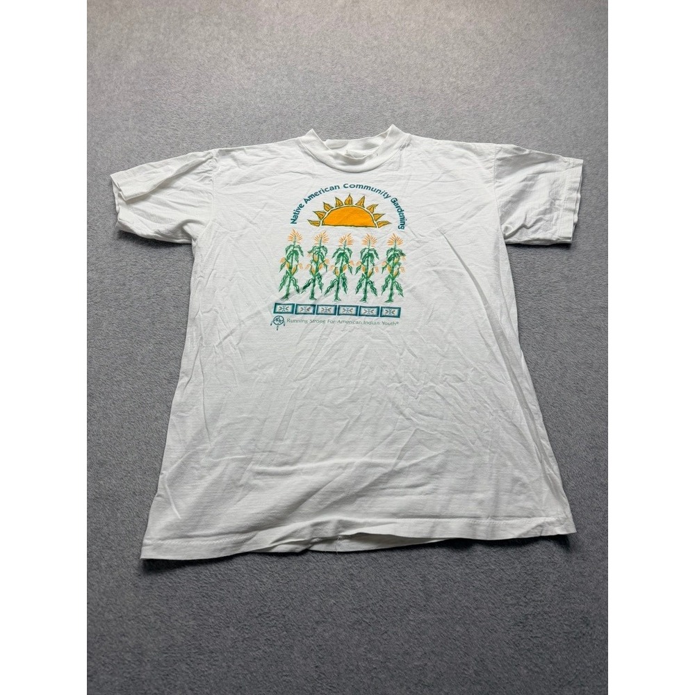 Vintage Running Strong Native American Community Gardening White T-Shirt Large